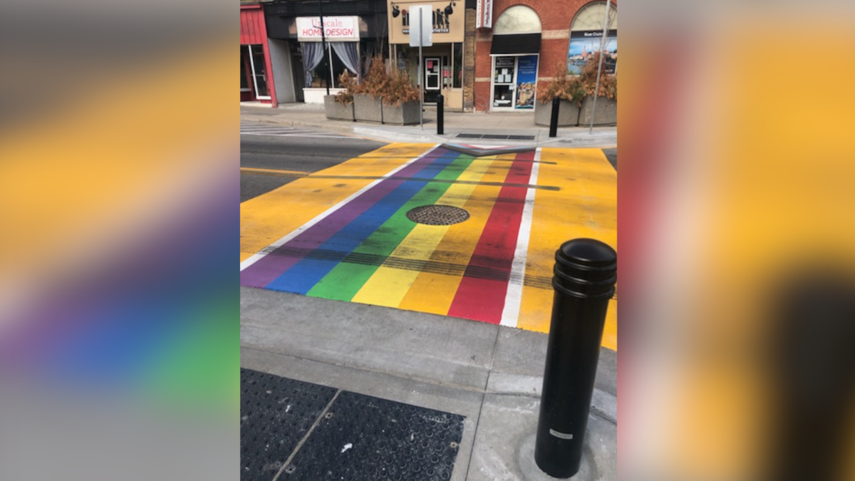 OPP say tire marks left on a newly unveiled rainbow crosswalk in Paris, Ont. is being investigated as a mischief case as of May 17, 2021. 