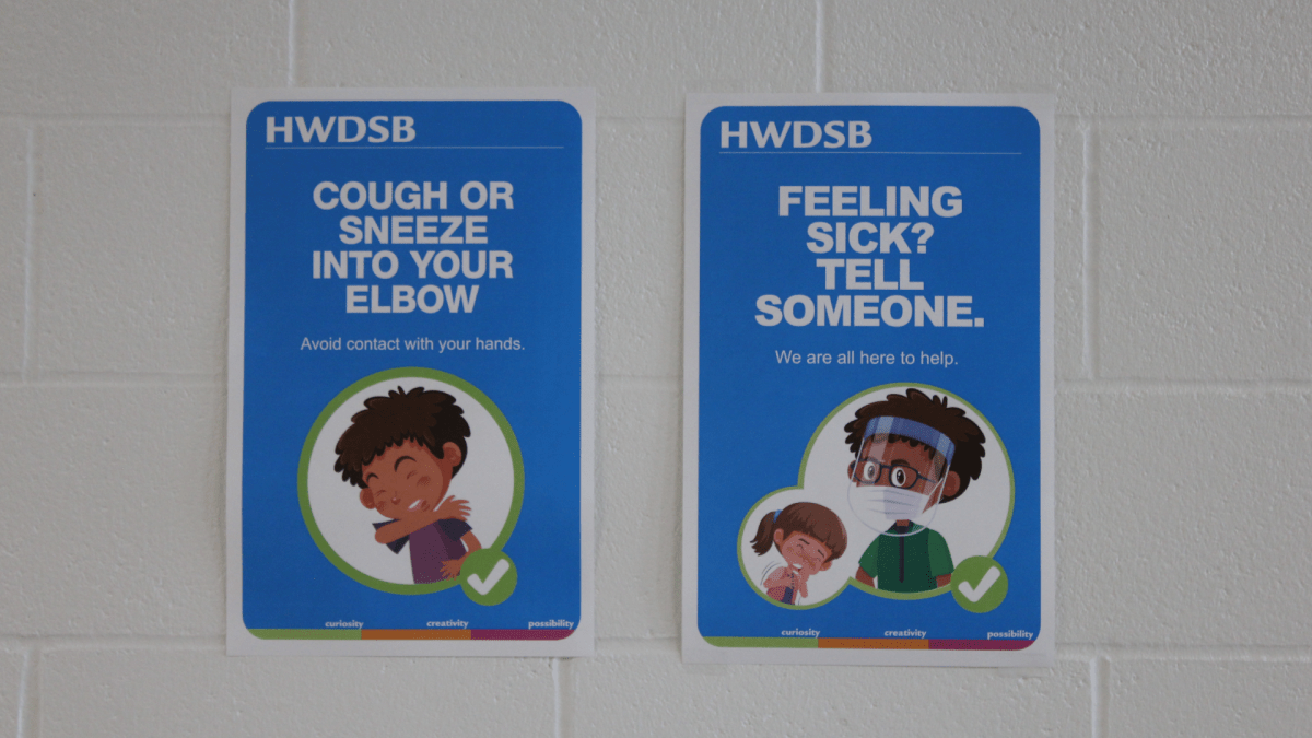 Indoor signs posted at a Hamilton public elementary school prior to a September 2020 return to in-person learning amid the COVID-19 pandemic.
