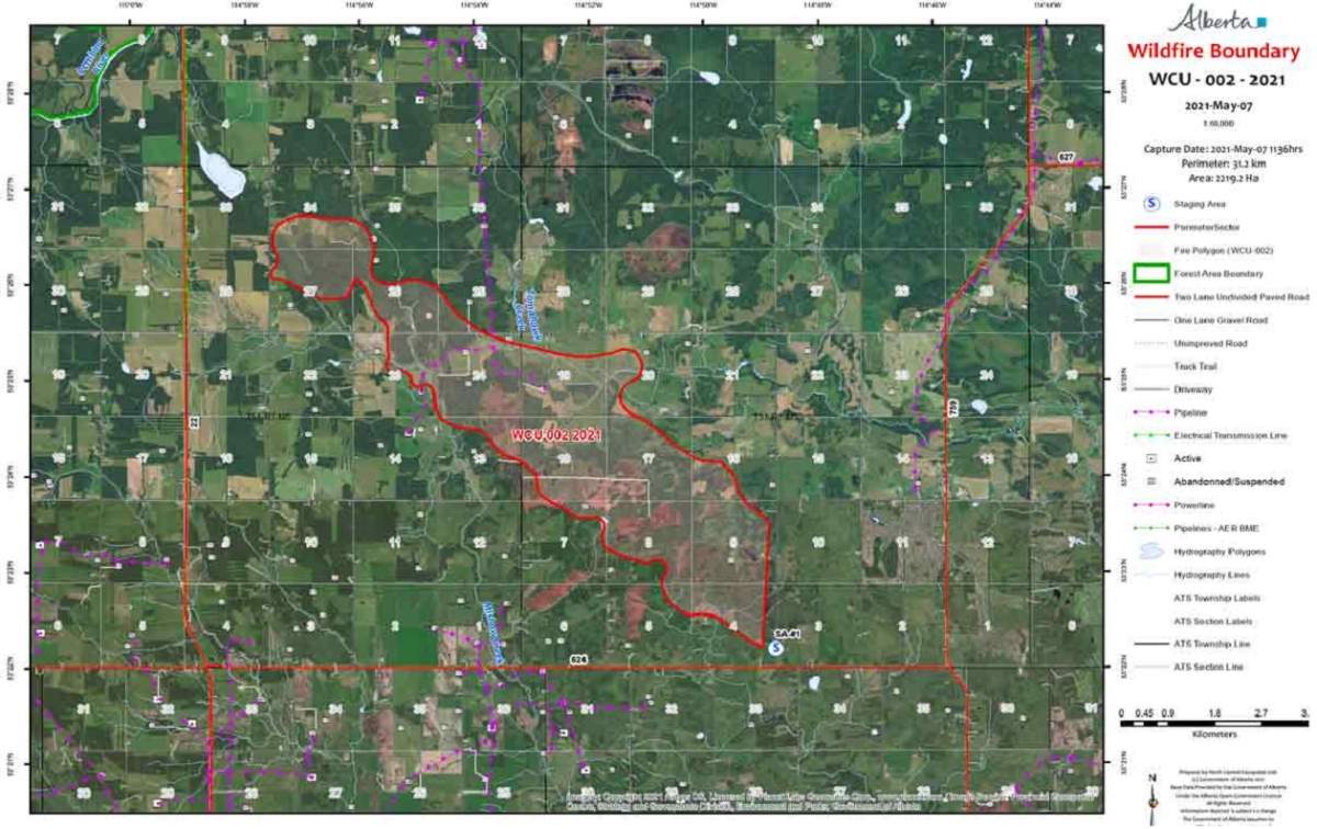 A map of the wildfire burning near Tomahawk, Alta., Saturday, May 8, 2021.