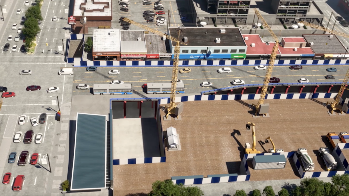A rendering of traffic decking at the future construction site of the Broadway-City Hall station.