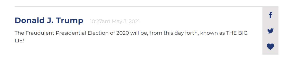 Former U.S. president Donald Trump falsely claims the 2020 election was stolen from him in this message on his new blog.