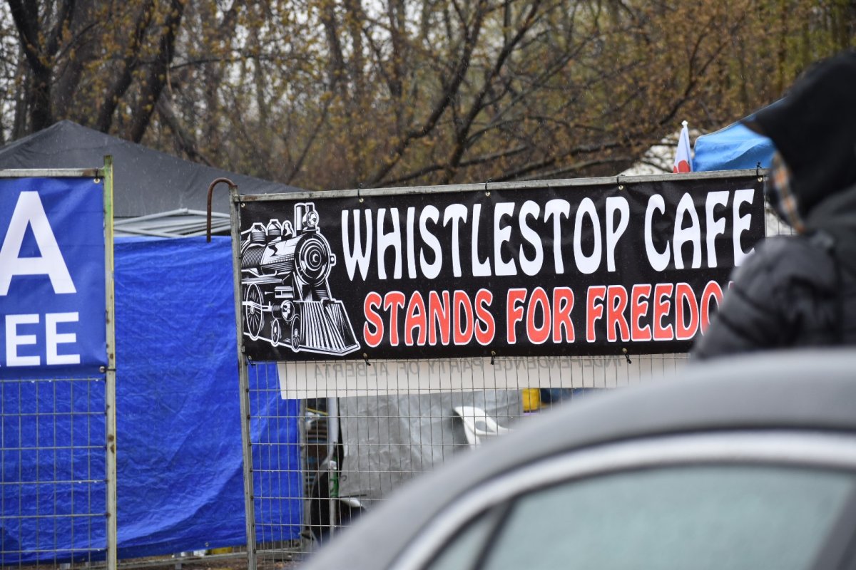 A protest outside the Whistle Stop Café in Mirror, Alta., Saturday, May 8, 2021 against COVID-19 public health regulations.