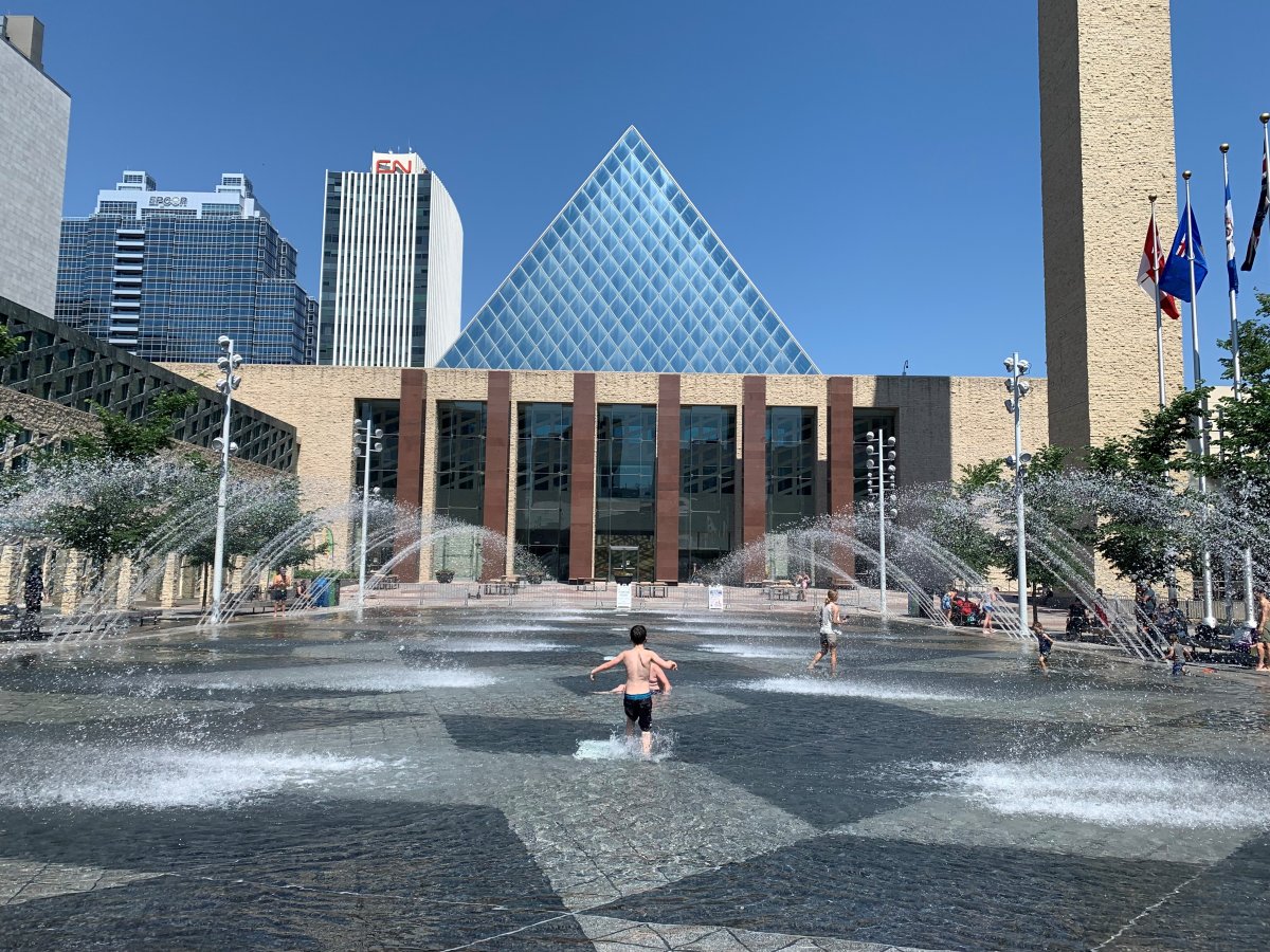 The wading pool outside Edmonton City Hall on Monday, June 28, 2021, during a heat wave.
