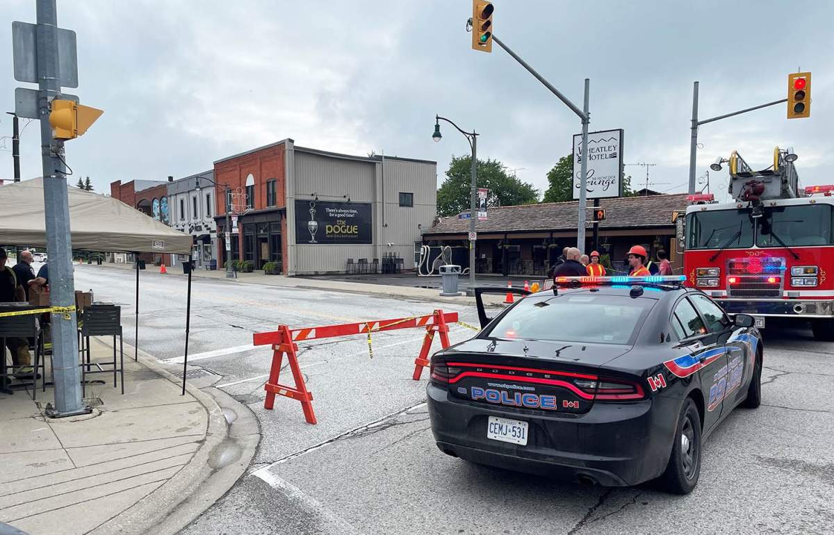 Officials stationed in the core of Wheatley in June following detection of hydrogen sulphide. The red-bricked building and the white building next door were destroyed in Thursday’s explosion.