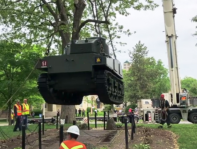 The Holy Roller tank being lifted from its pad in Victoria Park on June 8, 2021.