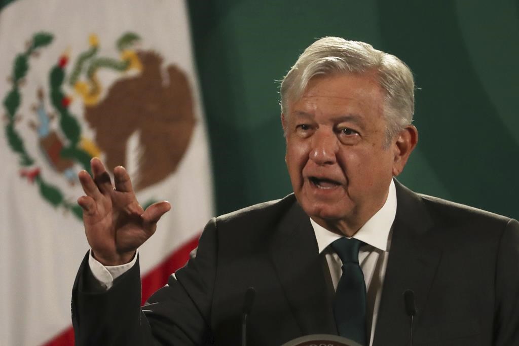 Mexican President Andres Manuel Lopez Obrador gives his daily press conference at the National Palace in Mexico City, Tuesday, June 8, 2021. (AP Photo/Marco Ugarte).