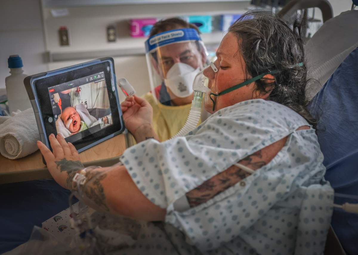 Tina Wesley visiting her son Oscar via Zoom.