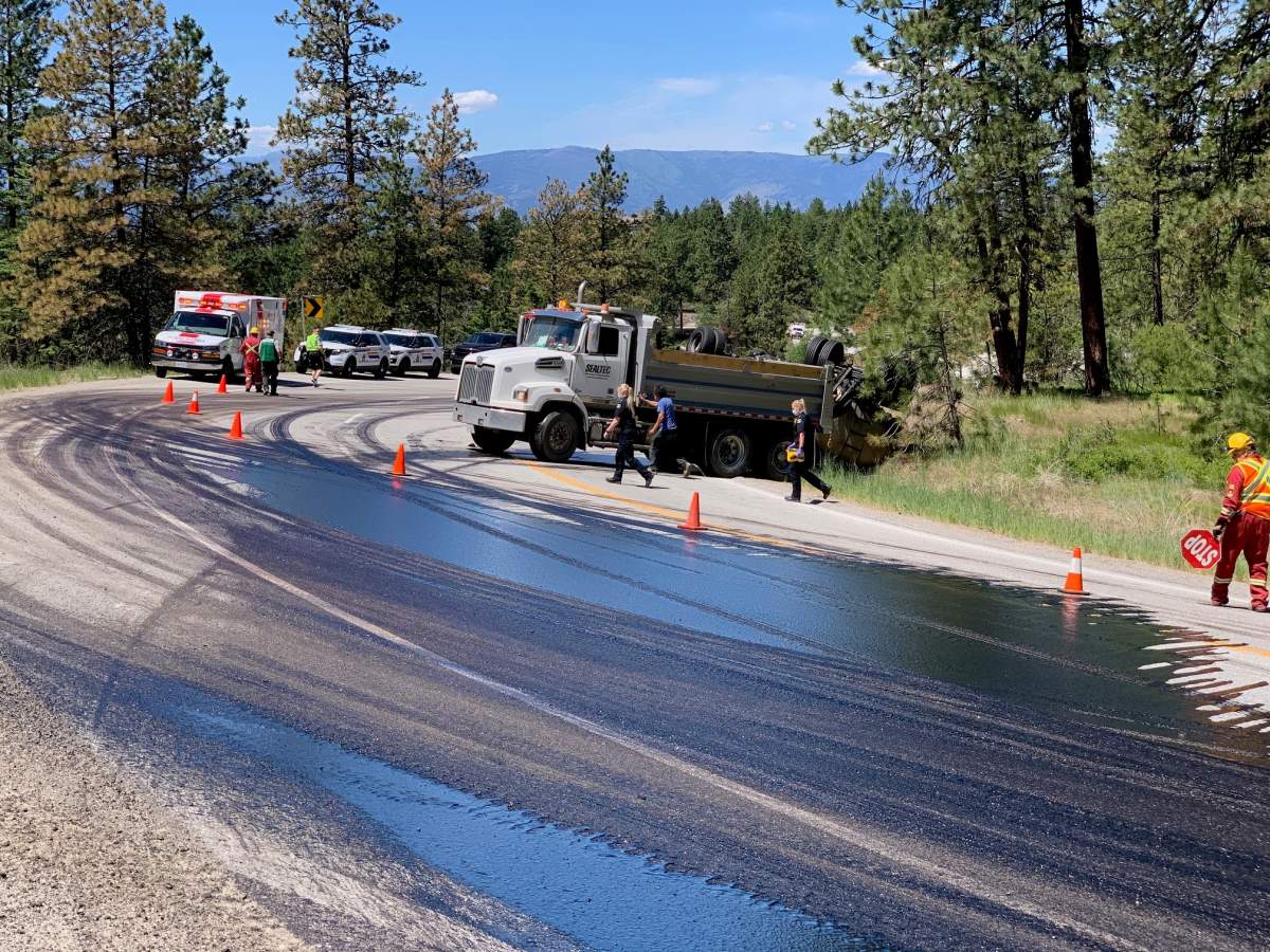 A tanker that has flipped over on Highway 3 East of Osoyoos.