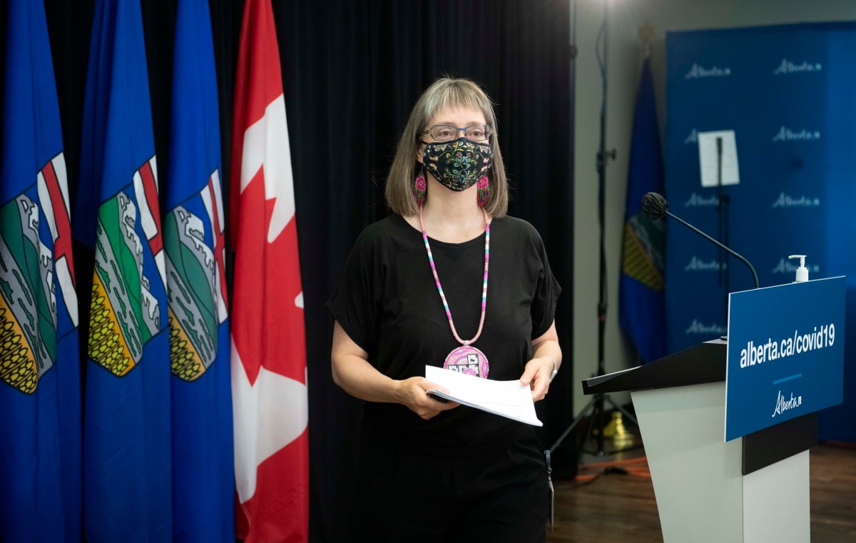 Alberta chief medical officer of health Dr. Deena Hinshaw delivering her last regularly scheduled update on COVID-19 at the Federal Building in Edmonton, Alta. on June 29, 2021.