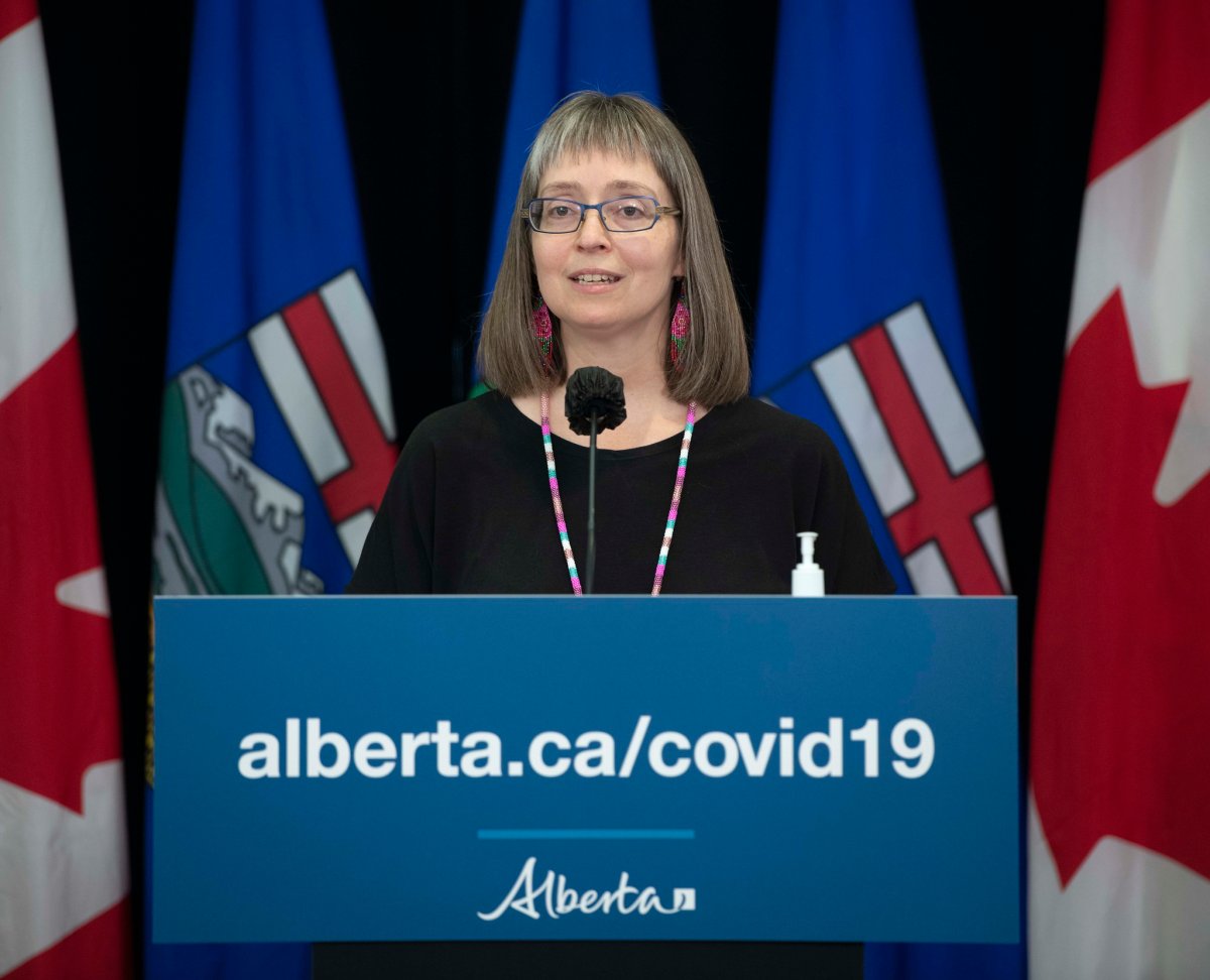 Alberta chief medical officer of health Dr. Deena Hinshaw delivering her last regularly scheduled update on COVID-19 at the Federal Building in Edmonton, Alta. on June 29, 2021.