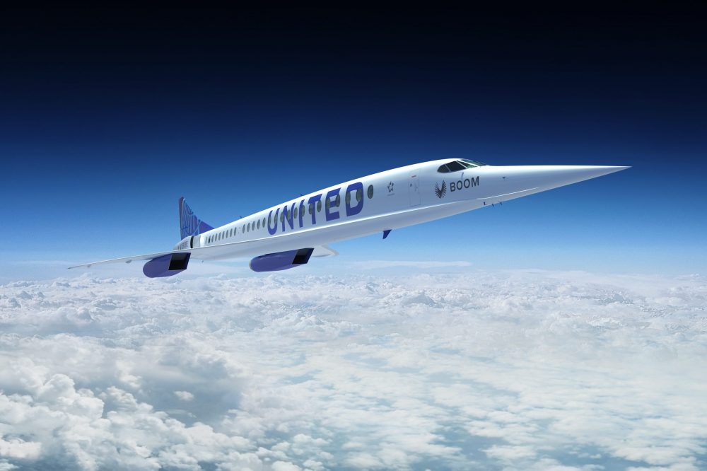 This concept image shows a Boom Supersonic Overture jet in flight.