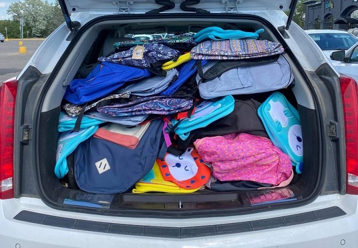 A photo of the backpacks already collected by Prairie Crowe.