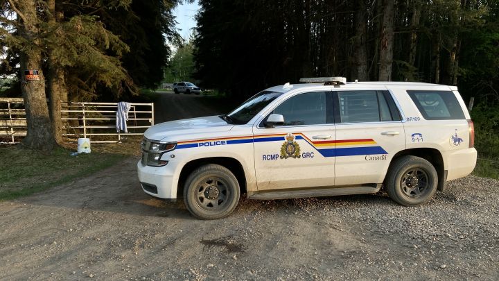 An RCMP vehicle is seen at Buck Lake in Alberta on June 2, 2021.