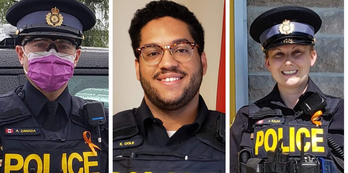 Three new recruits for the City of Kawartha Lakes OPP are, from left, Andrew Zawada, Ethan Cole and Julie Kalka.