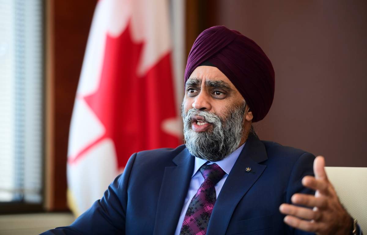 Minister of National Defence Harjit Sajjan takes part in a year-end interview with The Canadian Press at National Defence Headquarters in Ottawa on Thursday, Dec. 17, 2020. 
