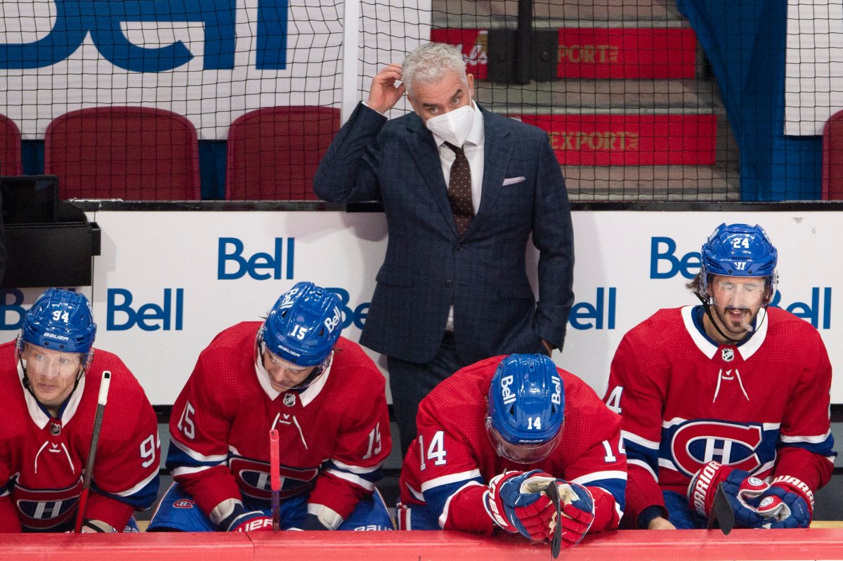 Montreal Canadiens head coach Dominique Ducharme scratches his head as he watches the final moments of third period NHL Stanley Cup playoff hockey action against the Toronto Maple Leafs, in Montreal, Tuesday, May 25, 2021. 