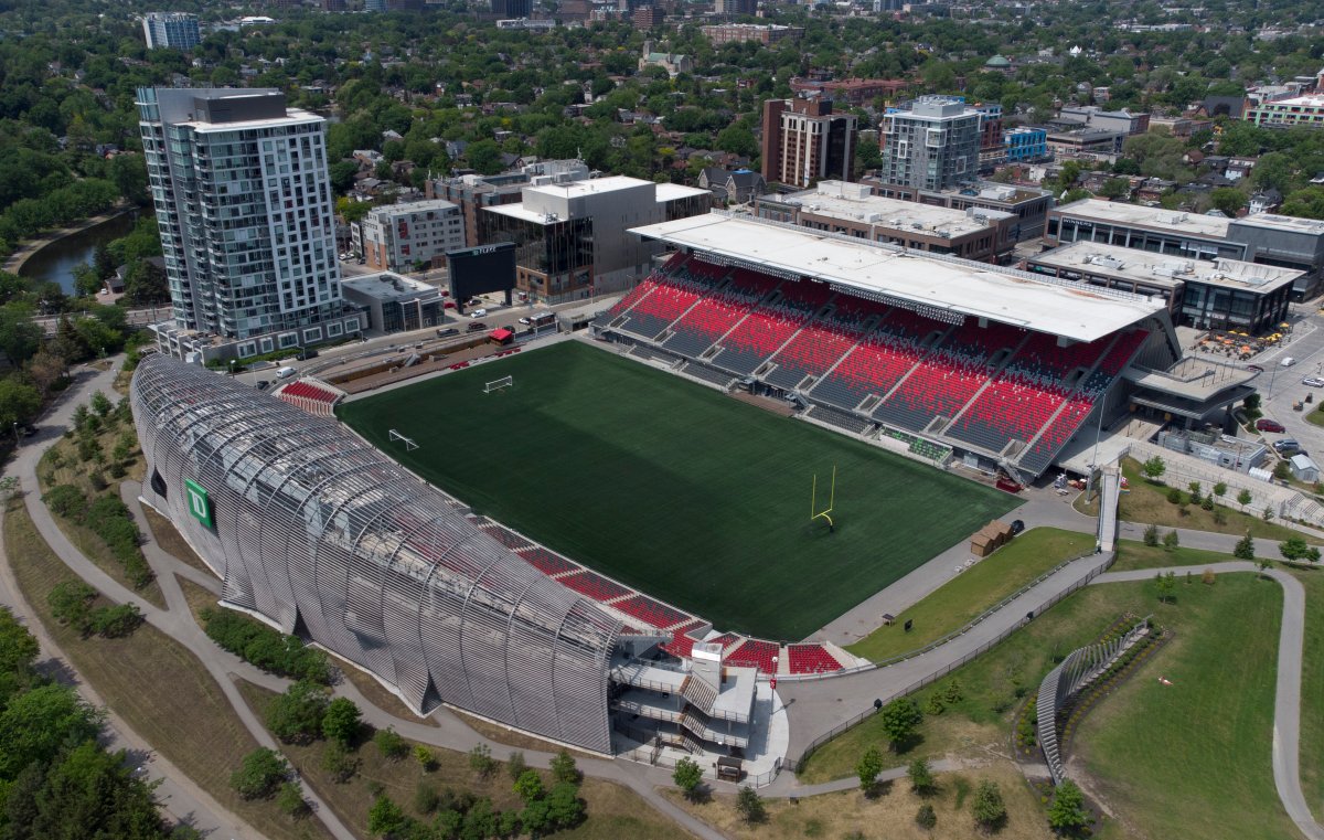 In this photo taken using a drone, TD Place is seen in Ottawa Wednesday June 2, 2021 in Ottawa.