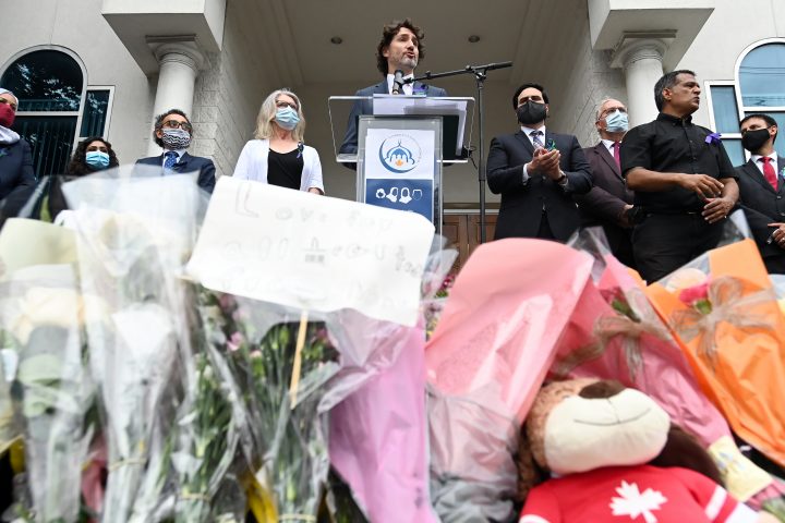 Prime Minister Justin Trudeau speaks at a vigil for the victims of the deadly vehicle attack on five members of the Canadian Muslim community in London, Ont., on Tuesday, June 8, 2021.