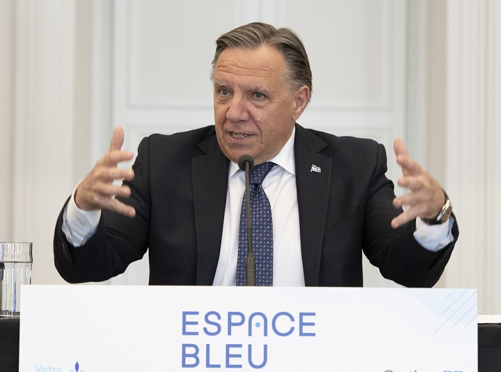 Quebec Premier François Legault speaks at a news conference, Thursday, June 10, 2021  in Quebec City. The government announces the creation of an "Espaces Bleus" network to promote Quebec cultural heritage. 