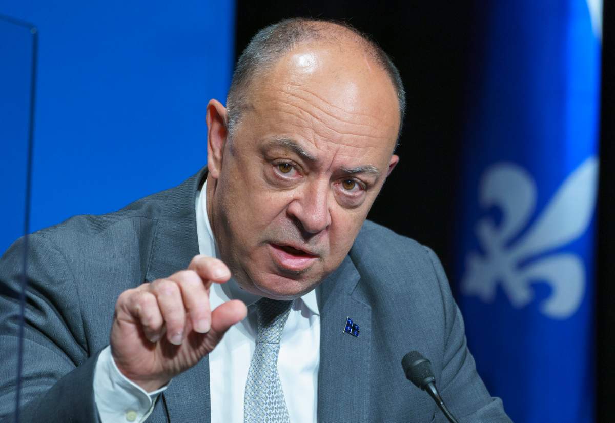 Quebec Health Minister Christian Dube responds to a question during a news conference in Montreal on Tuesday June 15, 2021.
