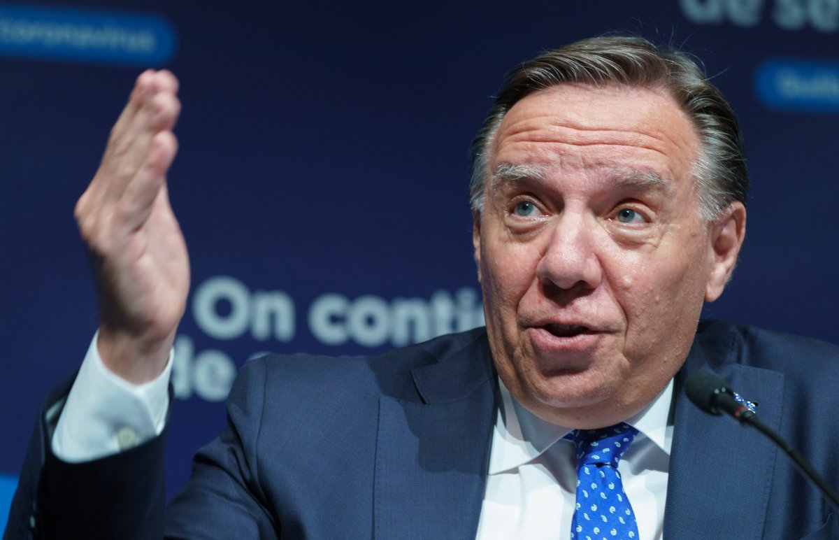 Quebec Premier Francois Legault responds to a question during a news conference in Montreal on Tuesday, June 22, 2021. 