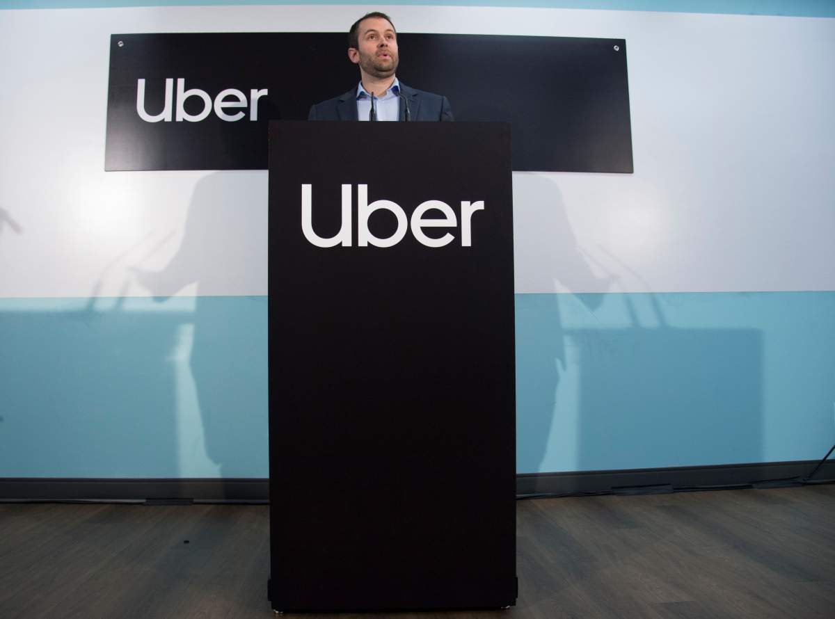 Michael van Hemmen, head of Western Canada for Uber, addresses the media during a news conference in Vancouver B.C, Wednesday, January, 29, 2020.