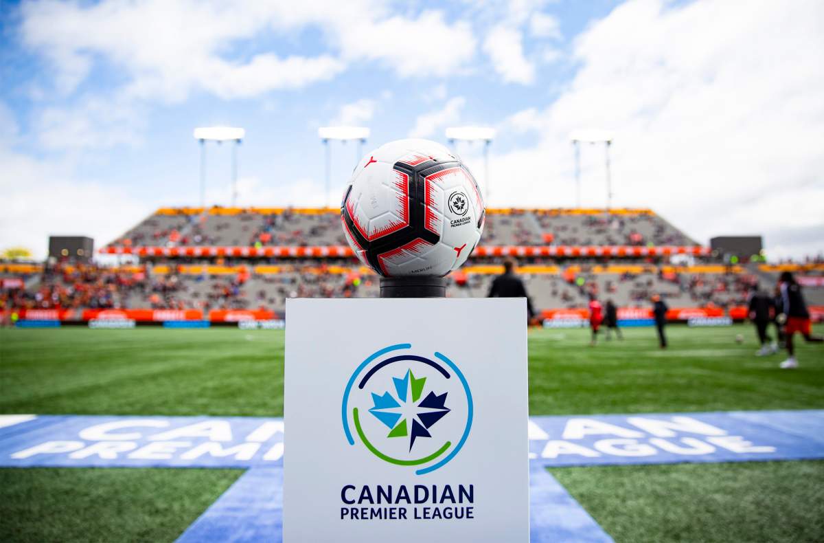 The game ball sits on a pedestal ahead of the inaugural soccer match of the Canadian Premier League between Forge FC of Hamilton and York 9 in Hamilton on April 27, 2019. The Canadian Premier League says it expects clubs to resume training soon, pending approval from local authorities.