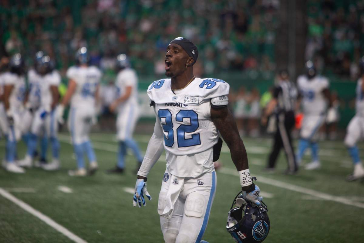 Toronto Argonauts running back James Wilder Jr. (32) celebrates after a play during second half CFL football action in Regina on Monday, July 1, 2019. THE CANADIAN PRESS/Kayle Neis.