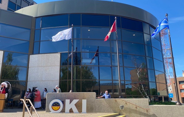 The Blackfoot Confederacy flag is raised at Lethbridge city hall for National Indigenous Peoples Day on June 21, 2021.