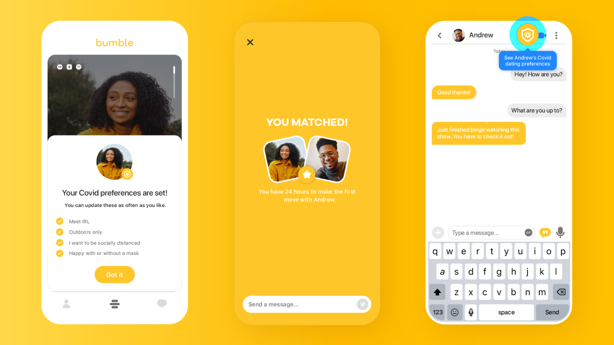 Bumble is one of many dating services implementing pandemic-specific buttons onto their sites.