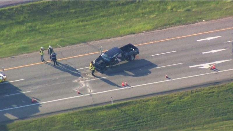Emergency crews respond to a two-vehicle collision on Deerfoot Trail near Dunbow Road Southeast on Tuesday, June 15, 2021.