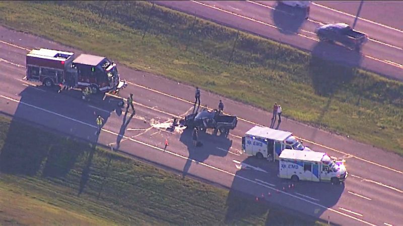 Emergency crews respond to a two-vehicle collision on Deerfoot Trail near Dunbow Road Southeast on Tuesday, June 15, 2021. 