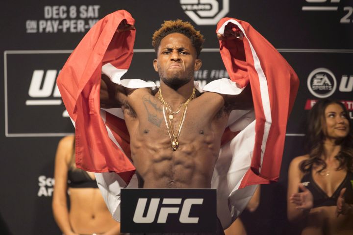 Canadian UFC fighter Hakeem Dawodu poses on the scale ahead of his bout against KyleBochniak in Toronto on Friday December 7, 2018. UFC 231 takes place on Saturday. 