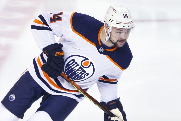 NHL profile photo on Edmonton Oilers player Devin Shore at a game against the Calgary Flames in Calgary, Alta. on March 17, 2021.