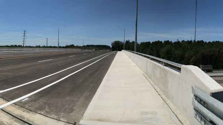 The bridge has five lanes for vehicle traffic, two separate lanes for bicycles and two sidewalks for pedestrians.