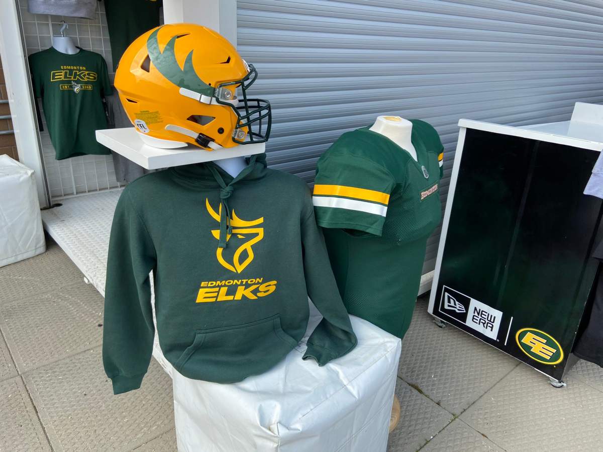 Edmonton Elks merchandise is displayed at Commonwealth Stadium on June 1, 2021.
