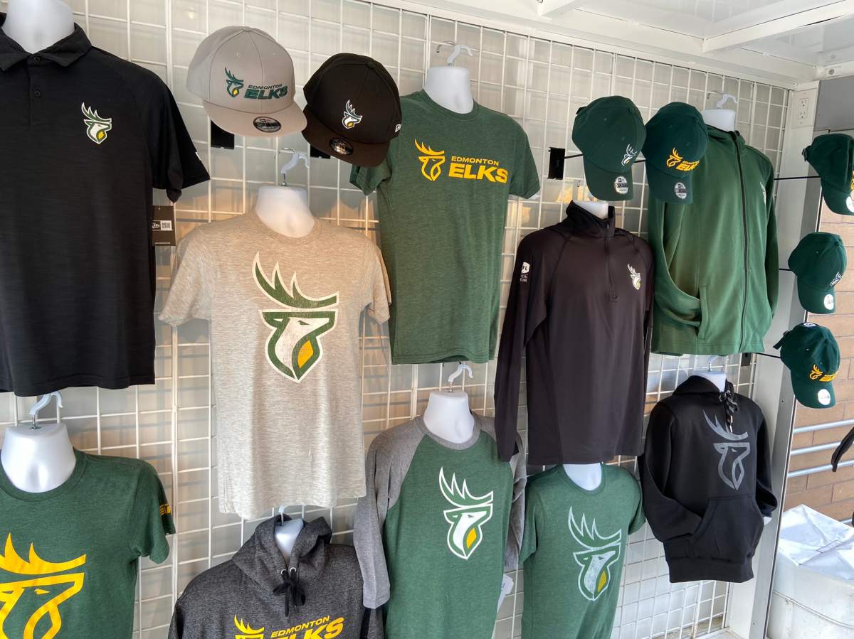 Edmonton Elks merchandise is displayed at Commonwealth Stadium on June 1, 2021.