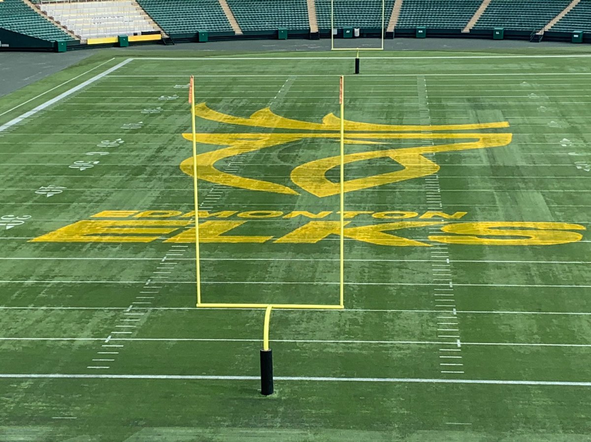 The Edmonton Elks logo is unveiled on The Brick Field at Commonwealth Stadium on Tuesday, June 1, 2021.