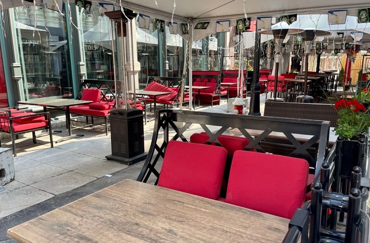 A patio at Bier Market in Ottawa sits empty on June 6, 2021 as Ontario remains in a COVID-19 shutdown. The city's patios will be open for business starting Friday, June 11 at 12:01 a.m.