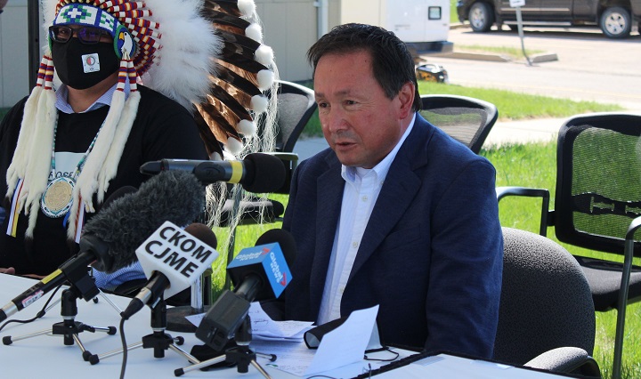 Chief Reginald Bellerose of Muskowekwan First Nation during a press conference at the Federation of Sovereign Indigenous Nations main building in Saskatoon Thursday.