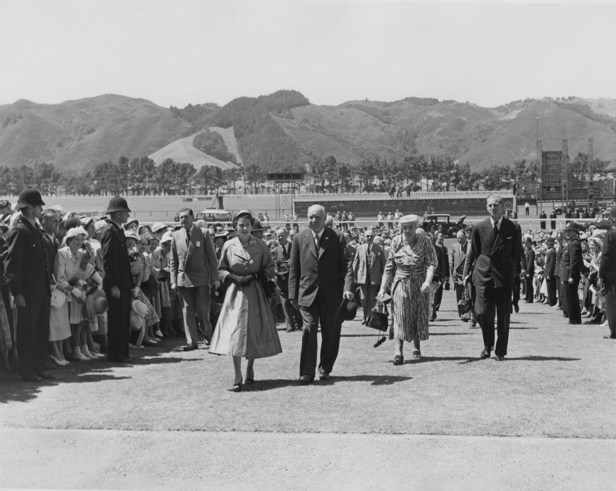 Queen Elizabeth II (centre, left) and Prince Philip (right) at Trentham Racecourse, Wellington, during their visit to New Zealand on the Queen’s coronation world tour, Jan. 14, 1954.