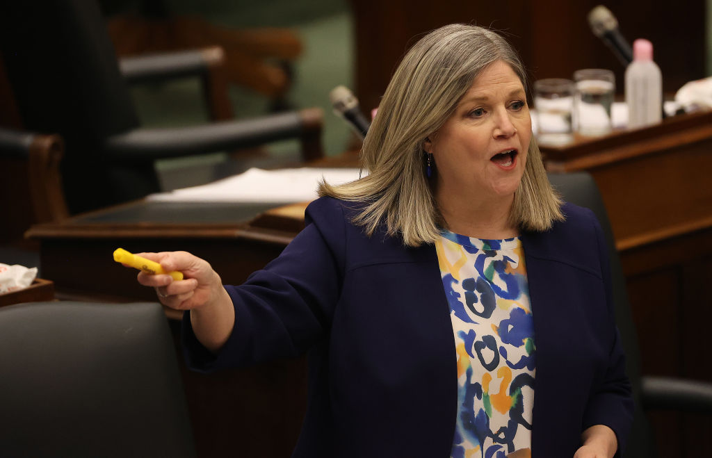 Opposition leader Andrea Horwath poses questions to government representatives at Queens Park in Toronto. April 20, 2021.