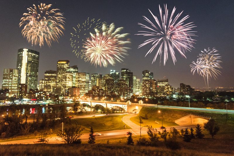 An undated photo of Calgary's skyline with fireworks.