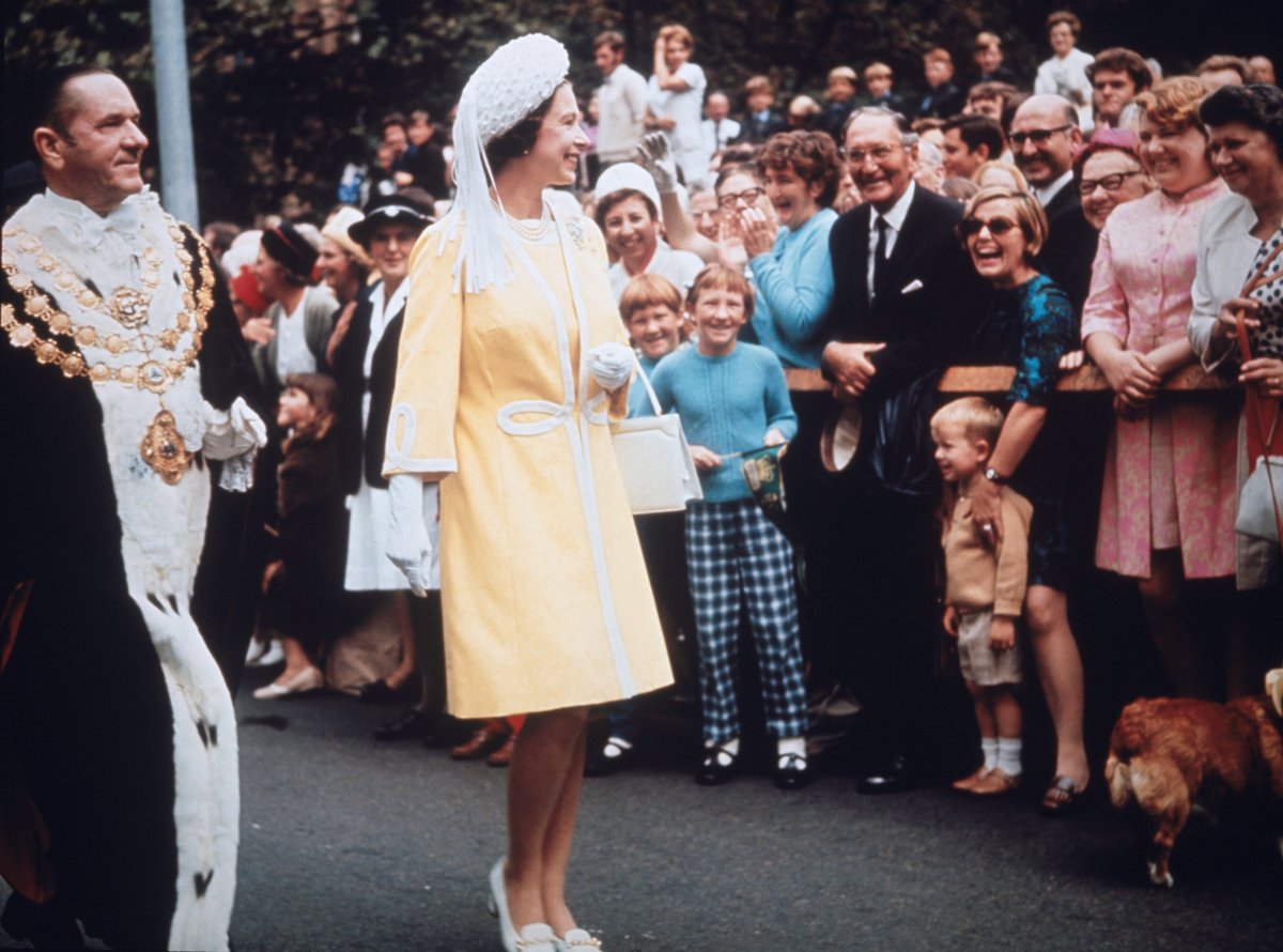 Queen Elizabeth II visits the Town Hall in Sydney with Emmet McDermott, Lord Mayor of Sydney, during her tour of Australia, May 1970.