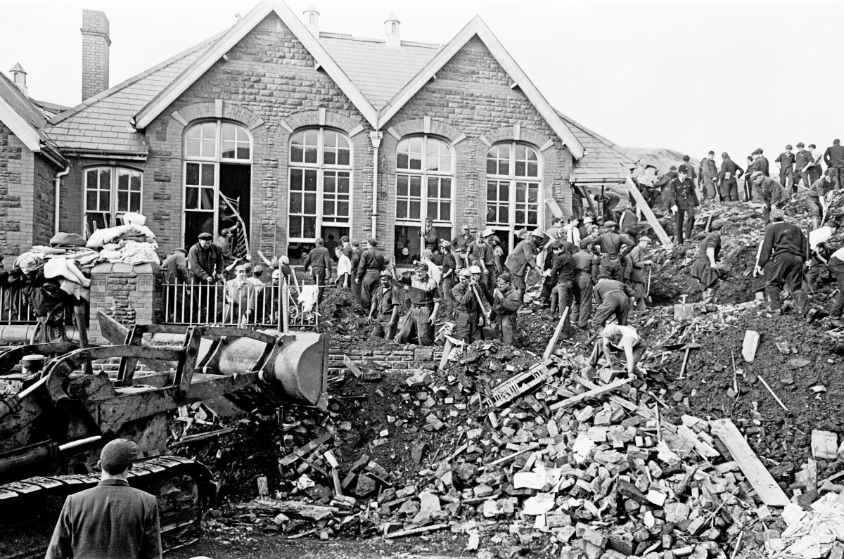 The mud and devastation caused when mining spoil from the hillside high above the town behind came down and engulfed The Pantglas Junior School on Oct. 21, 1966.