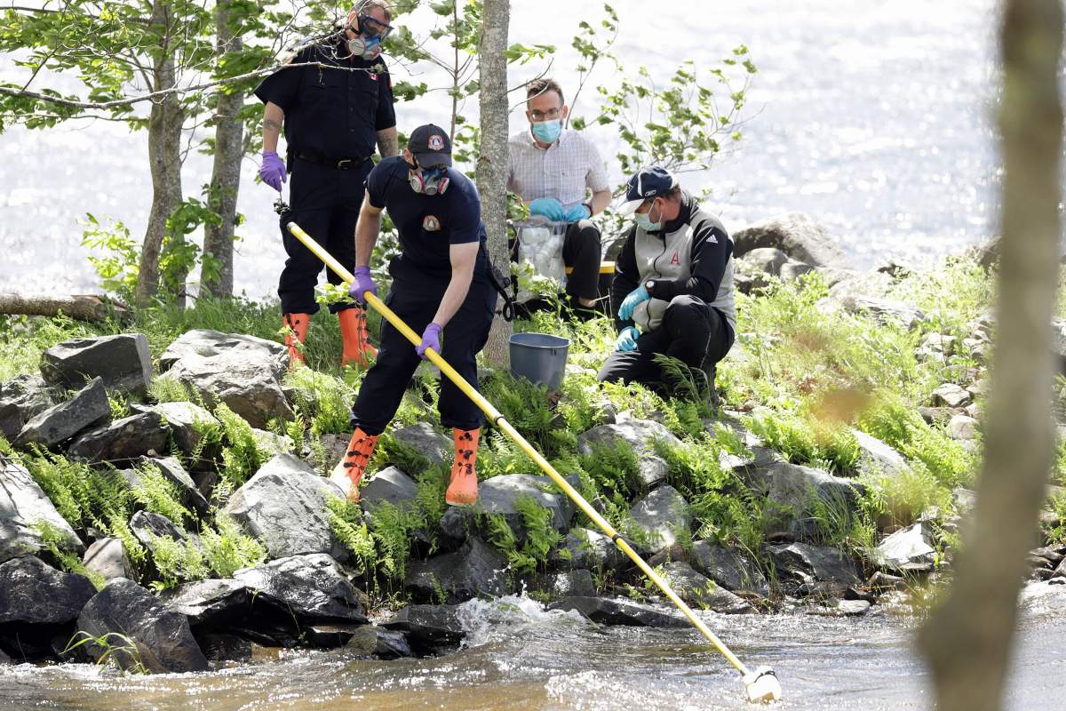 Staff from the Department of Environment and Climate Change, assisted by members of Halifax Regional Fire & Emergency, take water samples from Grand Lake Thursday, June 10, to test for toxins.