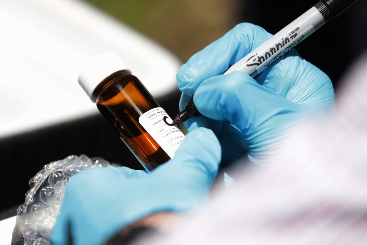 Cameron Deacoff, a surface water quality specialist with the Department of Environment and Climate Change, labels a water bottle prior to taking samples from Grand Lake.