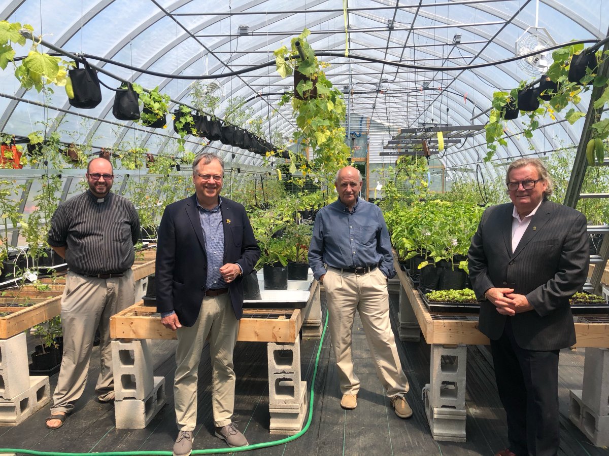 From left to right: Rev. Kevin George, Business Cares Food Drive campaign chair Wayne Dunn, London Food Bank co-executive director Glen Pearson and London Mayor Ed Holder stand inside the greenhouse of Allison's Garden, located just behind the food bank's headquarters, during the launch of the food drive.