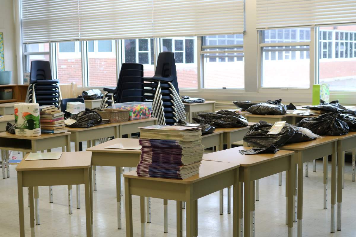 Students desks backed up at Northbrae Public School in London, Ont., June 25, 2021.