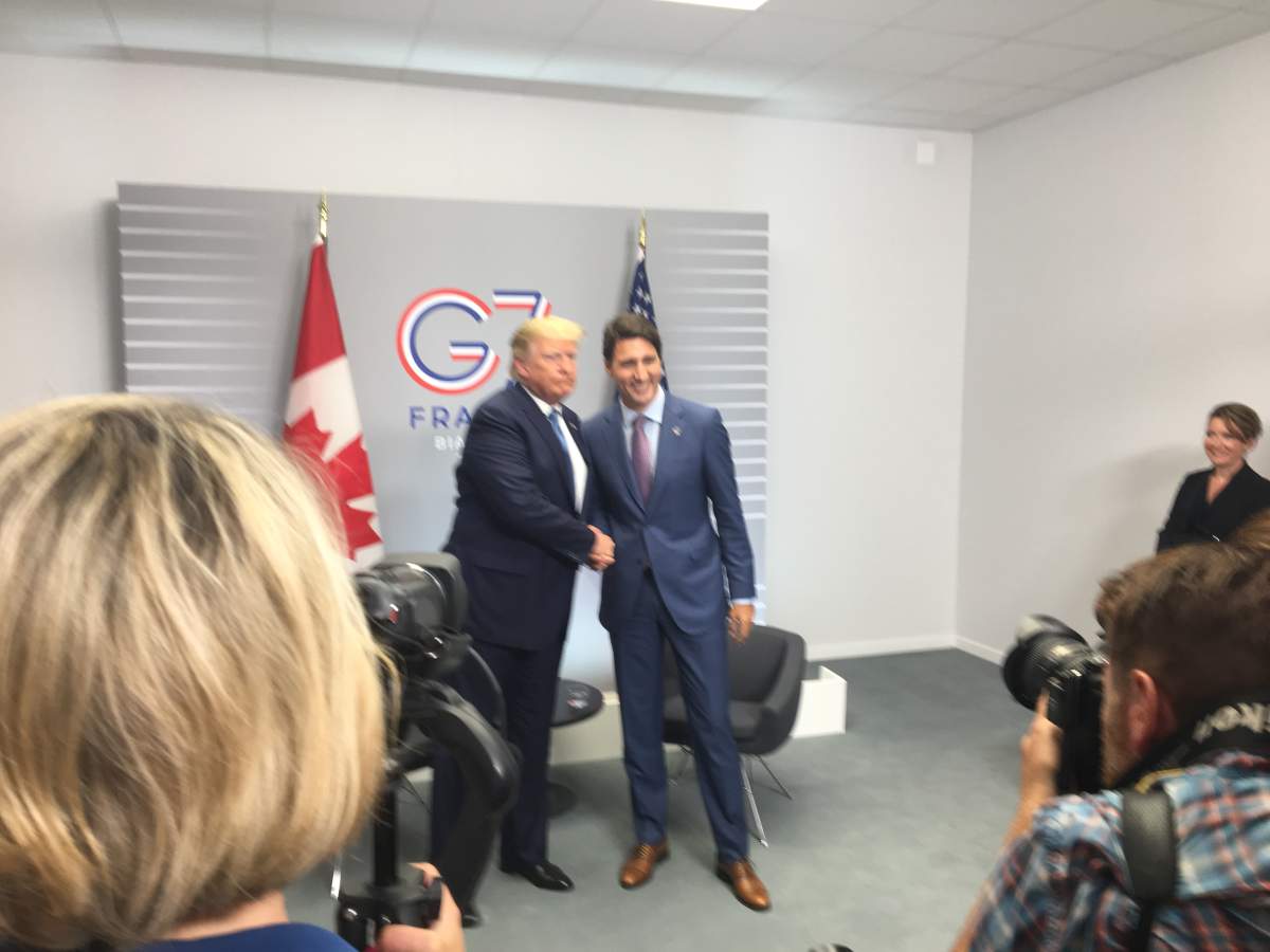 My view behind the main cameras at the Trudeau/Trump bilateral meeting at the 2019 G7 summit.
